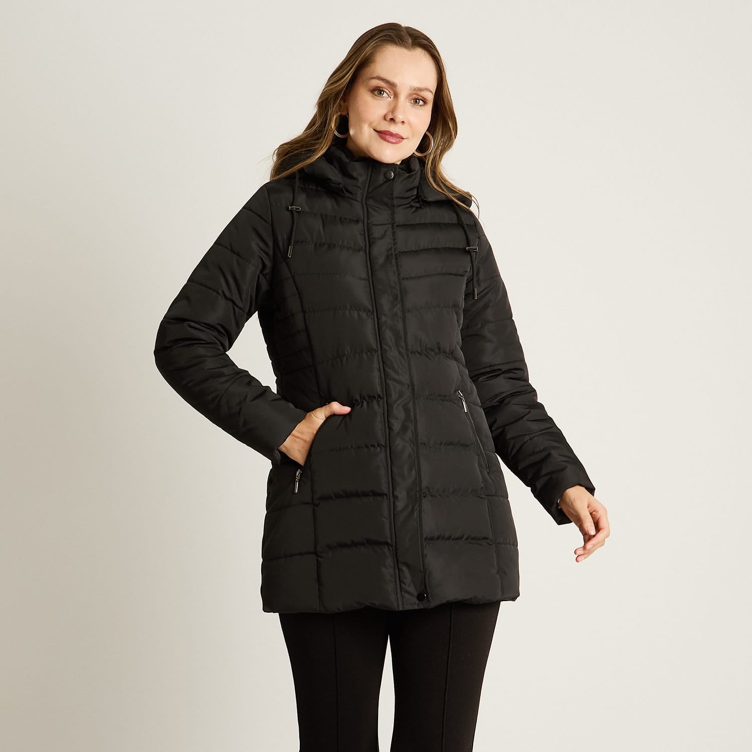 Parka Negro Manga Larga Elasticidad Nula Con Forro Calce Normal Tela Plano